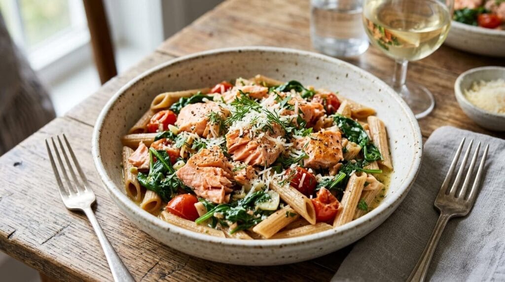 High Protein Salmon Spinach Pasta