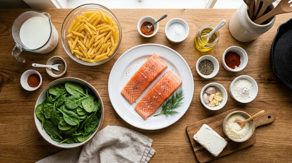 Salmon spinach pasta ingredients