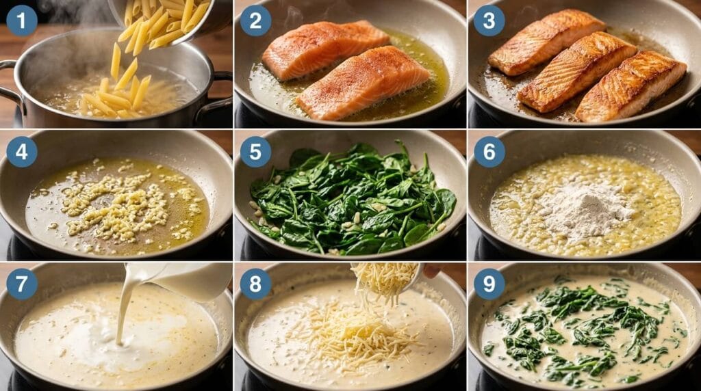 Salmon spinach pasta recipe collage