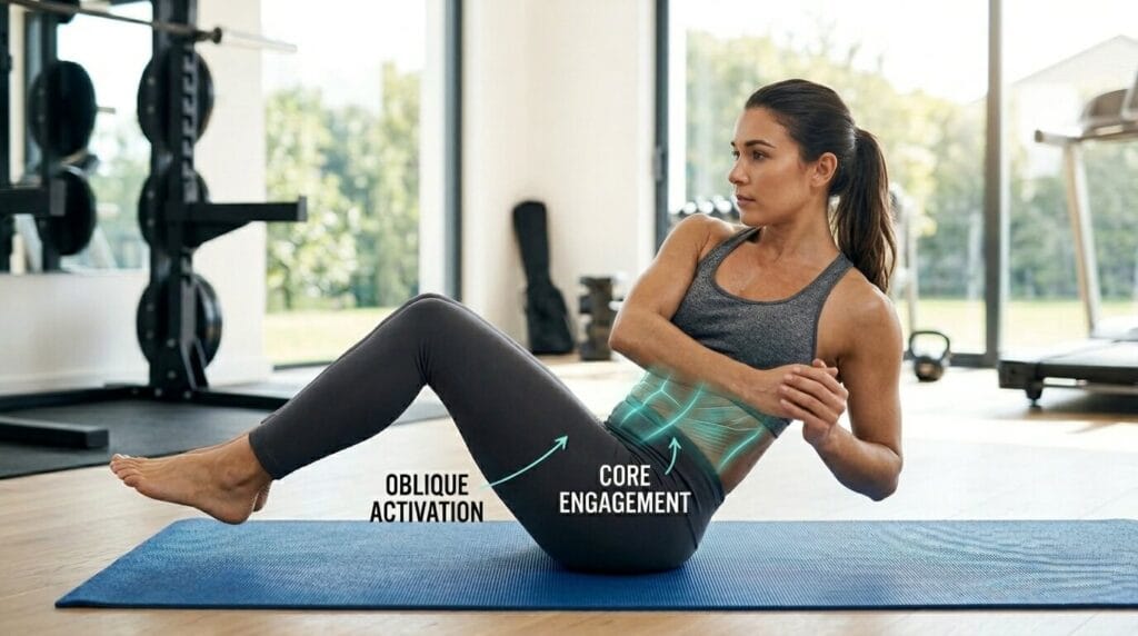 Woman doing Russian twists core workout