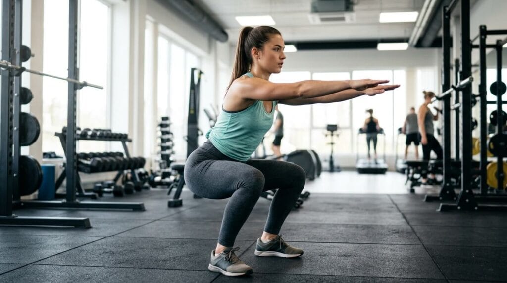 Woman performing squats in gym