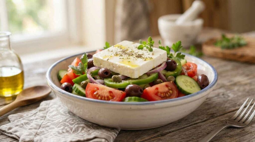 Greek salad in clean bowl 2026