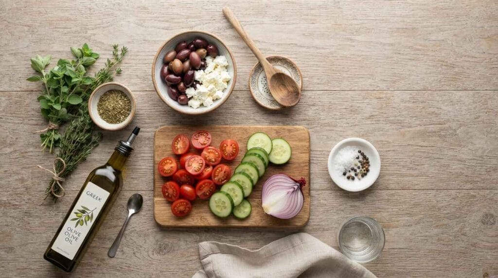 Greek salad ingredients flat lay 2026