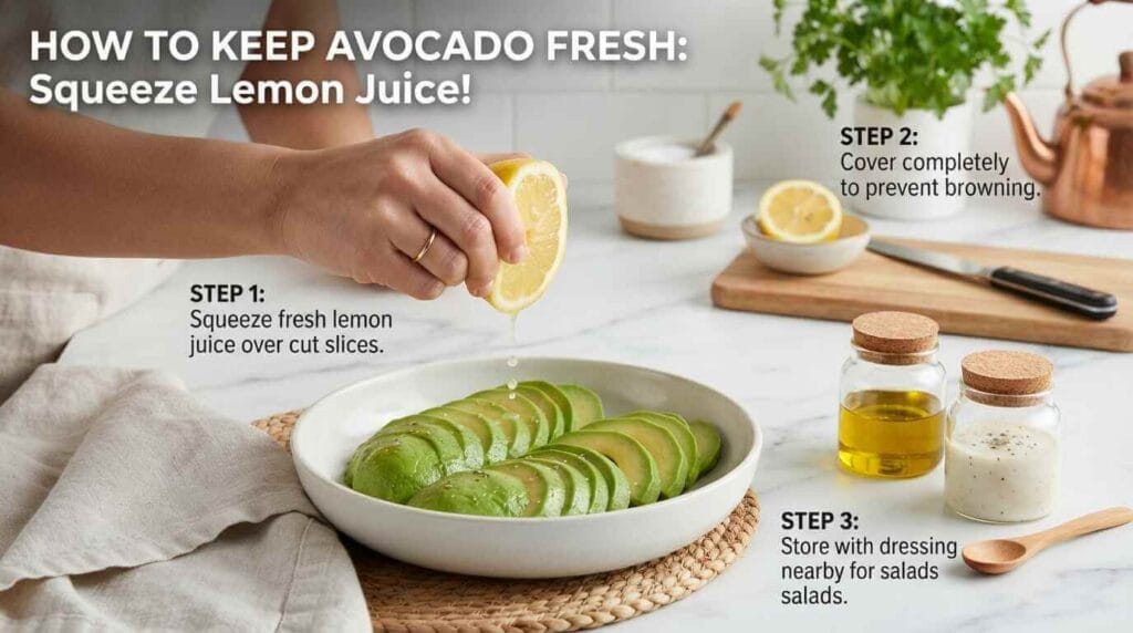 Hand squeezing lemon juice avocado