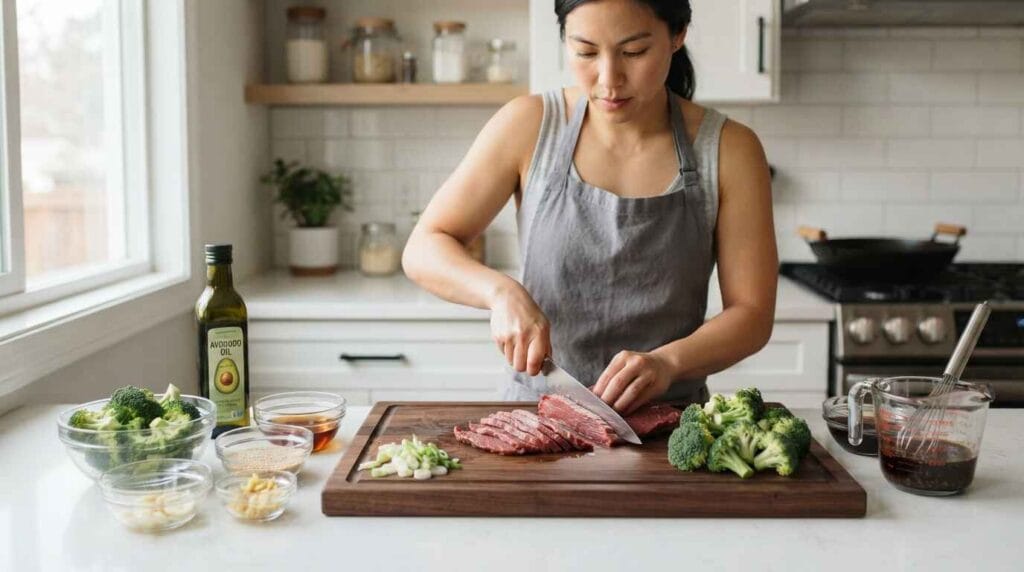 Home cook slicing beef keto 2026